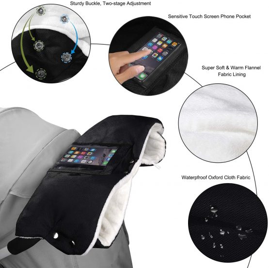 Stroller Hand Muff Windproof Anti-Freeze Pram Gloves Waterproof Baby Pushchair Hand Warmer Cover Thickening Warm Winter Pram Mitten with Mobile Phone Pocket (Black) - Image 4