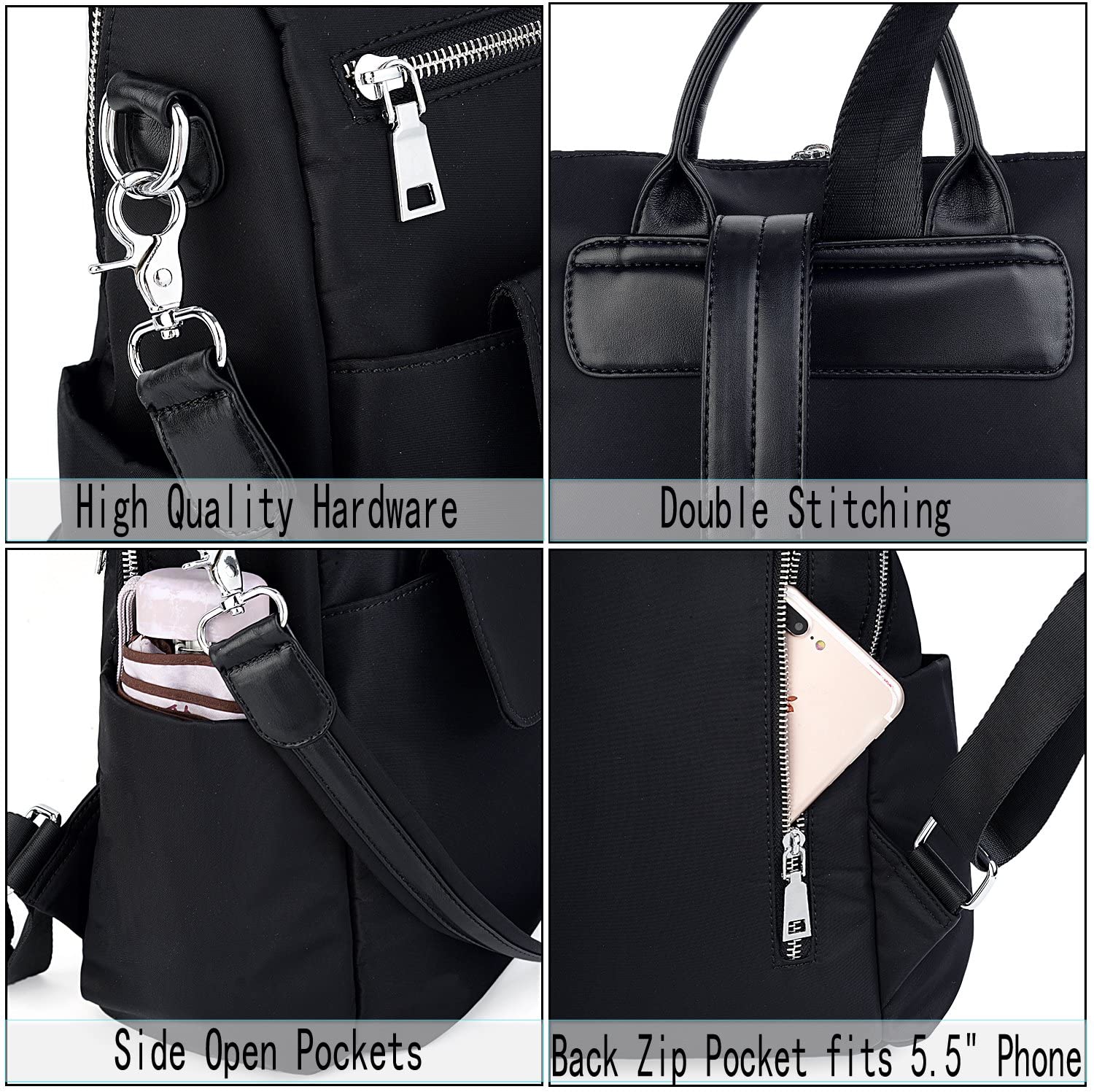 UTO Women Backpack Ladies Rucksack Handbag with Detachable Crossbody Shoulder Bag Waterproof Nylon Black, Black Nylon, XL - Image 2
