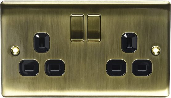 BG Electrical nab22b Metal Antique Brass Double Plug Socket Switch - Antique Brass Black