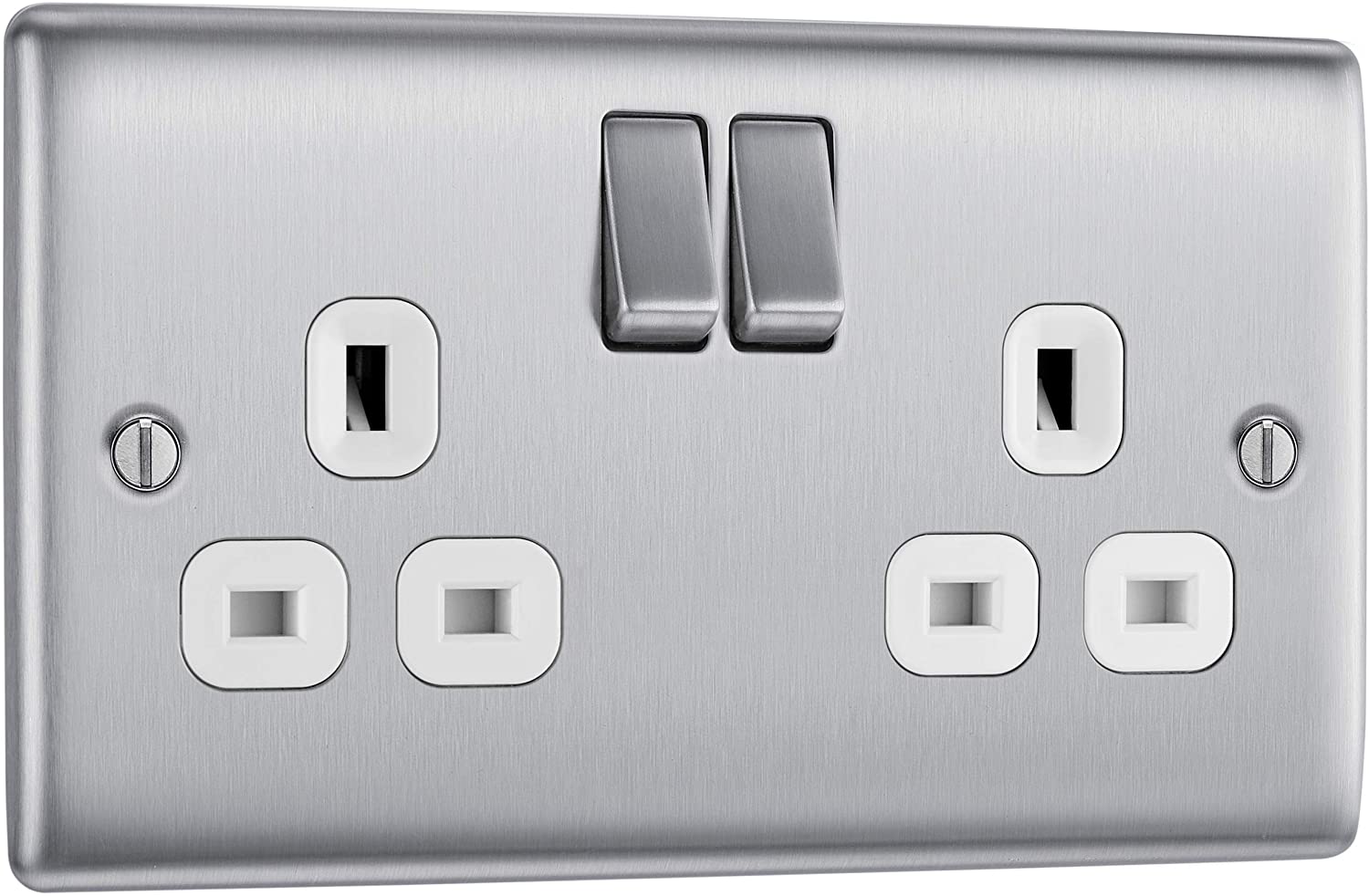 BG Electrical Double Switched Power Plug Wall Socket, Nexus Metal, Brushed Steel, White Inserts, 13A, NBS22W