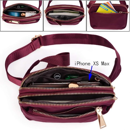 UTO Unisex Waist Pack Cross Body Chest Bag 3 Zipper Pockets Waterproof Nylon Red - Image 3