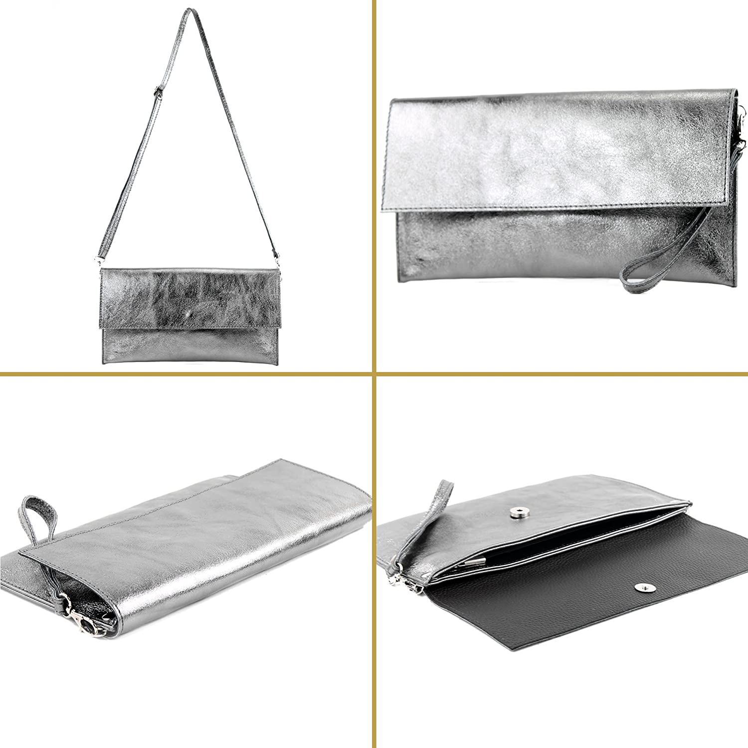 Modamoda de - ital. Leather Bag Clutch Underarm Bag Evening Bag Leather Metallic M106-151, Colour:M151 Dark Red Metallic - Image 3