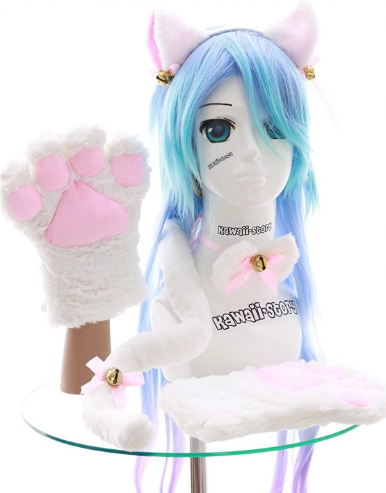 C-20 White Cat Paw Gloves Ears Tail Collar Hairband Set Lolita Maid Cosplay