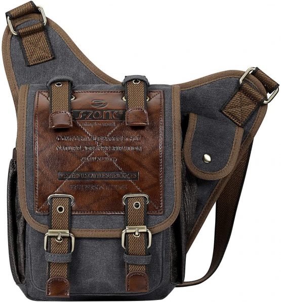 S-ZONE Mens Vintage Canvas PU Leather Military Utility Shoulder Messenger Bags, S, Dark Grey