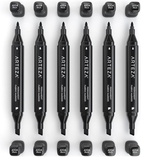 Arteza Fabric Pens for T-Shirts, Black, Pack of 6, Permanent & Machine Washable, Dual-Tipped, for Jeans, Sneakers, Backpacks, Jackets & More - Image 2
