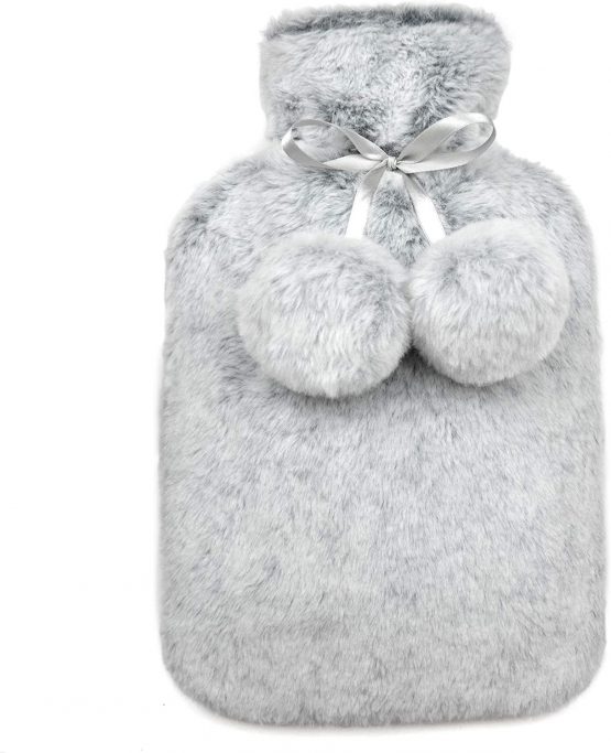 Luxury Hot Water Bottle with Extra Soft Faux Fur Plush Cover Premium Natural Rubber 2 Litre Hot Water Bag - 2l Capacity - Helps Provide Warmth and Comfort (Grey)