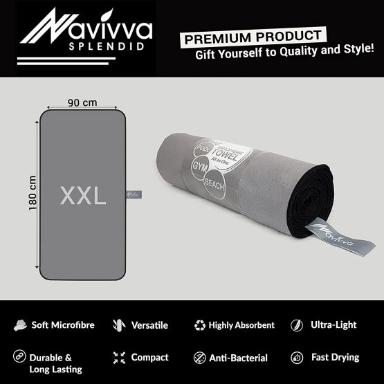 NAVIVVA SPLENDID Microfibre Travel Sports Yoga Towel – Extra Large XXL 180 X 90 – Dry Fast Soft Lightweight Absorbent Ultra Compact – Multi-Purpose for Sport, Gym, Yoga, Swim, Bath & Travel - Image 2