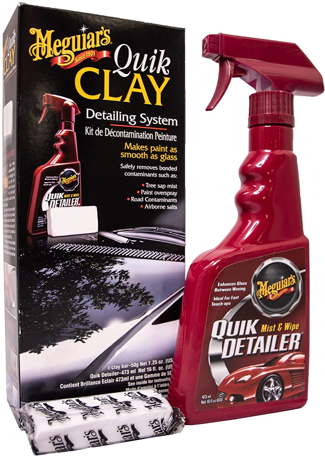 Meguiar's G1116EU Quik Clay Bar Starter Kit with 80g of clay and 473ml  Detailer to safely remove surface bonded contaminants such as tar, tree  sap