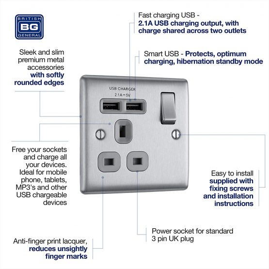 BG Electrical nbs21ug Fast Charging Switched Single Socket with Two Charging USB Ports, Brushed Steel, 13 A - Image 3