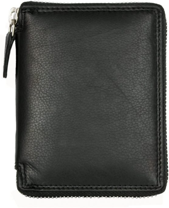 Men's Large Metal Zip-Around Black Leather Wallet