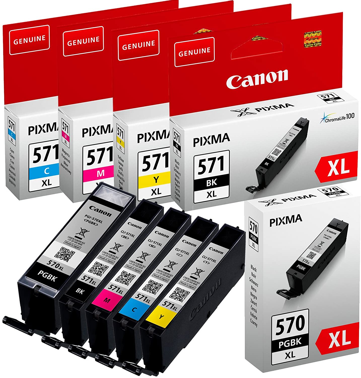 Canon Original PGI-570XL Black + CLI-571XL Black/Yellow/Magenta/Cyan (Pack of 5), Schwarz, Cyan, Magenta, Yellow, Photo-Black