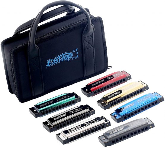 East top Diatonic Harmonica Set of 7, 10 Holes Blues Harmonica T003 Mouth Organ set, A, B, C, D, E, F and G key harmonicas for Adults, Beginner, Professionals and Students as Gift