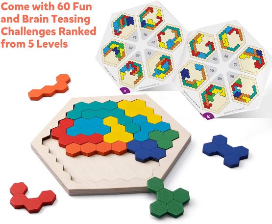 Coogam Wooden Hexagon Puzzle - Shape Block Tangram Brain Teaser Toy Geometry Logic IQ Game STEM Montessori Educational Gift for All Ages Challenge - Image 4