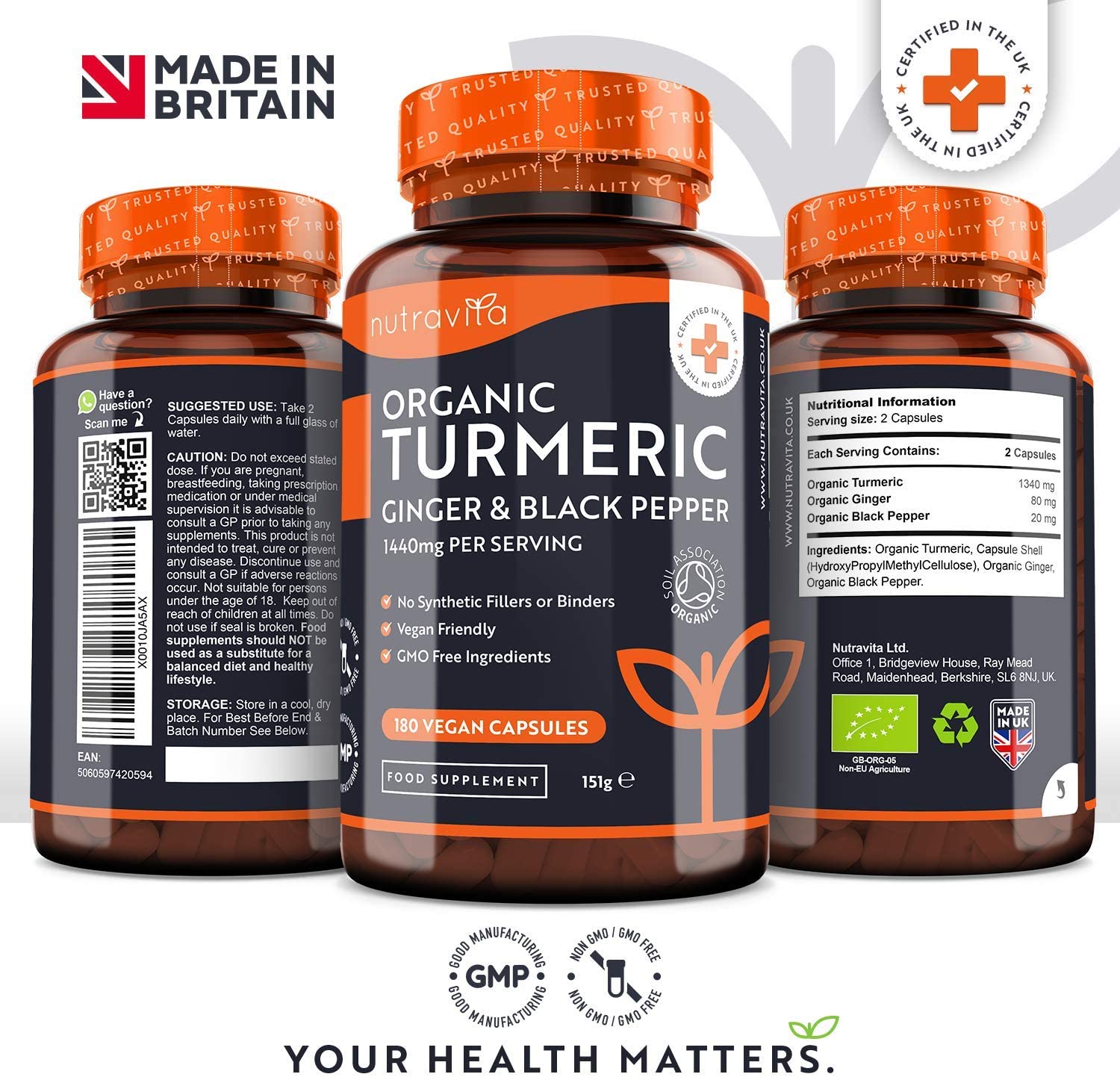 Nutravita Organic Turmeric 1440mg (High Strength) with Black Pepper & Ginger, 180 Vegan Turmeric Capsules (3 Month Supply) - Image 3