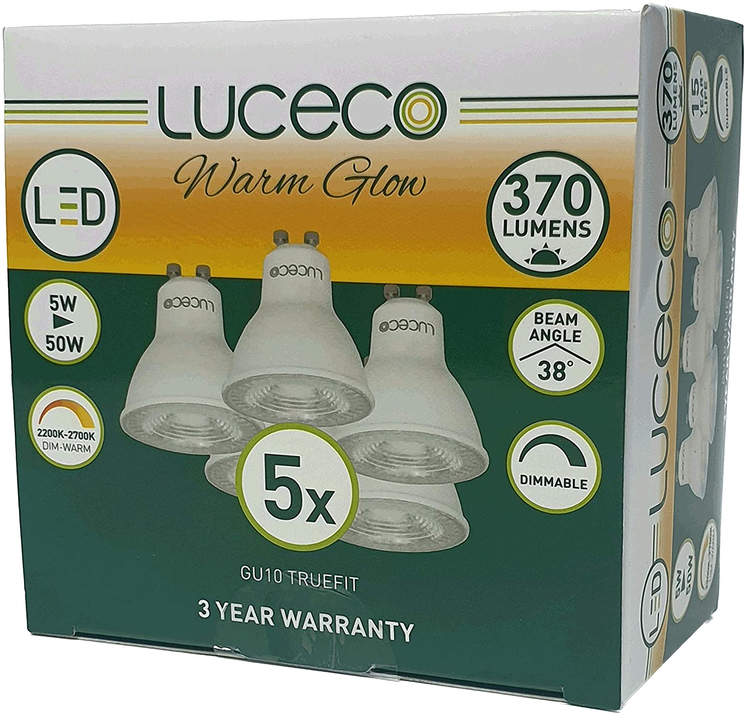 Dim2Warm GU10 LED Light Bulbs WarmGlow, Dimmable Spotlight Lightbulbs 5w - 50w Halogen Replacement 370Lm Warm White Lamps for Light Switches, LED Dimmers, Downlights, by luceco BG - Pack of 5
