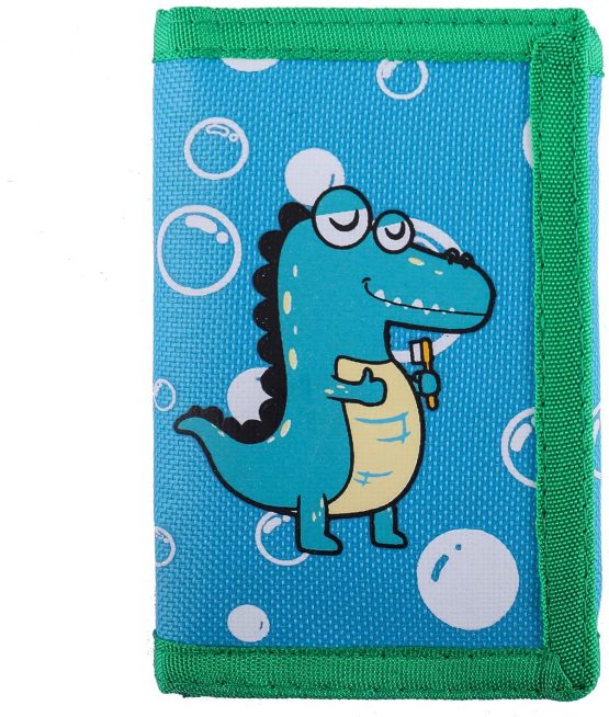 RFID Blocking Wallet for Kids / Slim Cartoon Wallet with Zippered Pocket / Trifold Canvas Outdoor Sports Wallet , Dinosaur