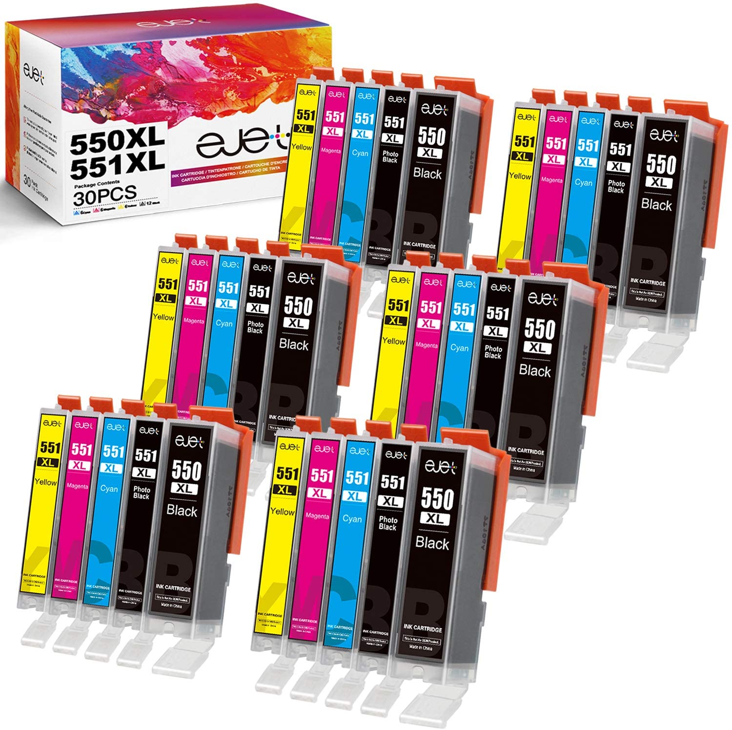 ejet 550 551XL Ink Cartridges Replacement for Canon PGI-550 CLI-551XL for Canon Pixma ix6850 IP8750 MX925 MG5550 MG5650 MG6450 MG6650 MG7150 MG7500 MG7550 (30-Pack)