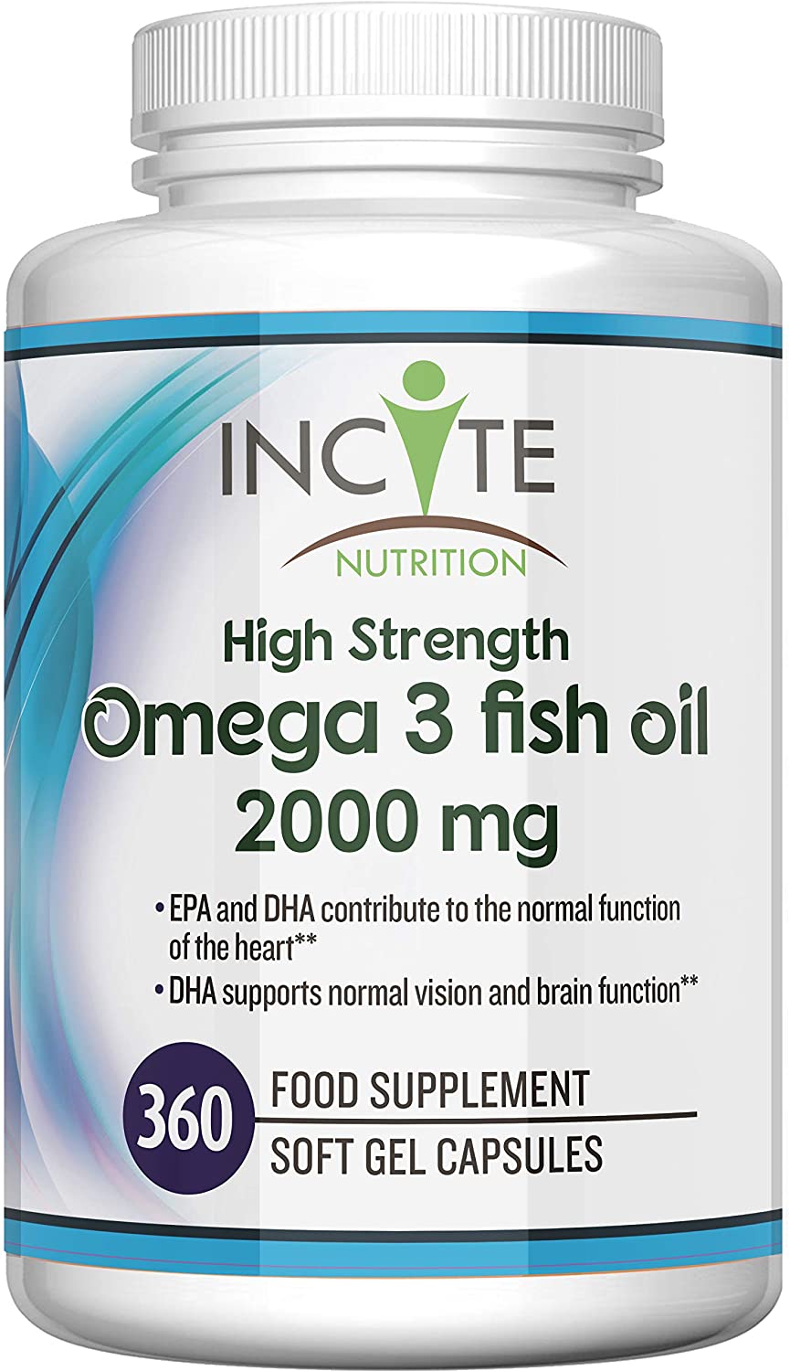 Incite Nutrition Omega 3 Fish Oil Capsules 2000 mg. 360 Softgels. 6 Month Supply of High Strength Omega 3 Fatty Acids with EPA & DHA. Non-GMO