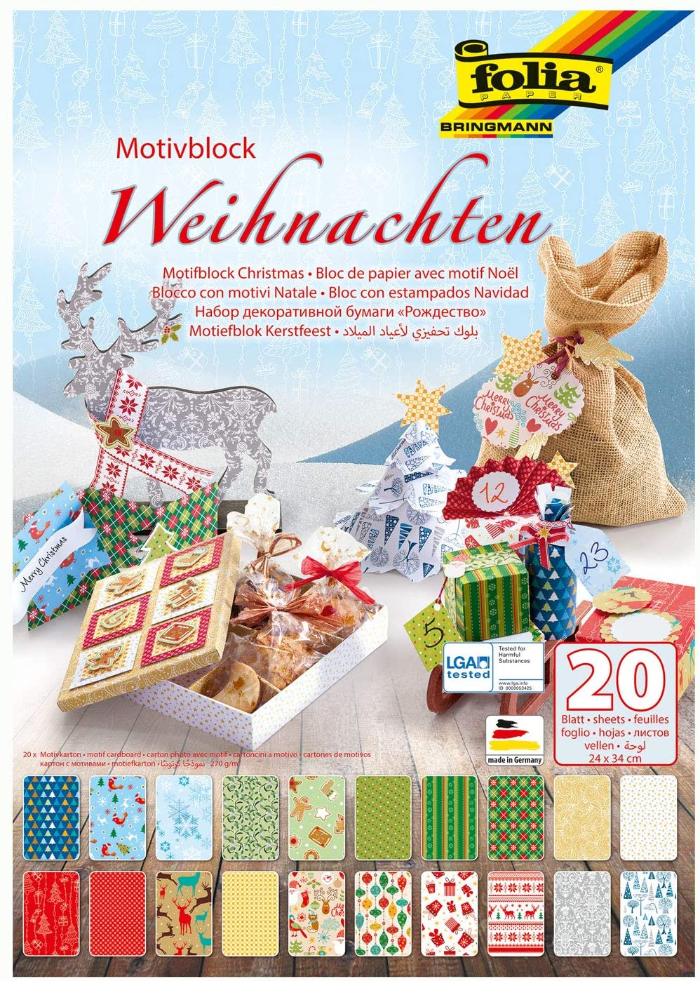 Baker Ross Christmas Patterned Card Pack for Children to Decorate for Craft Card, Christmas Stripes, 24 x 34 cm