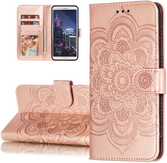 HMTECH For Huawei P Smart Case,Huawei Honor 9 Lite Cover,Embossed Mandala PU Leather Flip Notebook Wallet Magnetic Stand Card Slot Folio Bumper Case for Huawei P Smart,LD Mandala Rose Gold