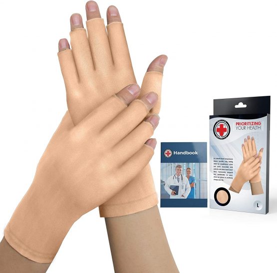 Doctor Developed Nude Arthritis Gloves / Compression Gloves / Skin gloves and DOCTOR WRITTEN HANDBOOK - Relief for Joint Disease, Raynauds Disease & Carpal Tunnel (Open-fingertips, Medium)