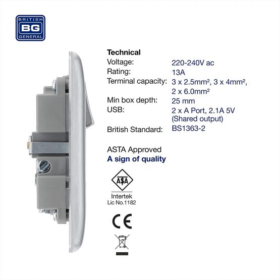 BG Electrical nbs21ug Fast Charging Switched Single Socket with Two Charging USB Ports, Brushed Steel, 13 A - Image 2