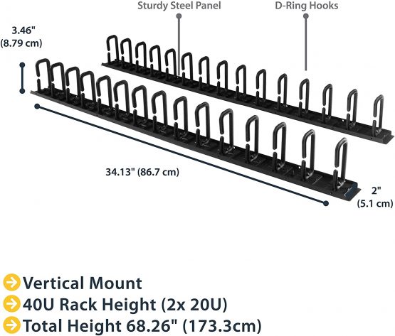 StarTech Vertical 0U Server Rack Cable Management w/ D-Ring Hooks - 40U Network Rack Cord Manager Panels - 2x 3ft Wire Organizers (CMVER40UD) - Image 2