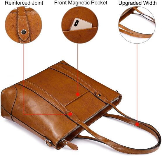 S-ZONE 15.6" Leather Laptop Bag for Women Shoulder Bag Large Work Tote with Padded Compartment - Image 4