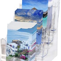 BELLE VOUS Multi-Tier Acrylic Literature Holder - 4 x A5 Pockets Clear Plastic Display Stand - Trifold Brochure Dispenser for Wall Mount or Desktop - Holds Leaflets, Flyers, Menus, and Pamphlets