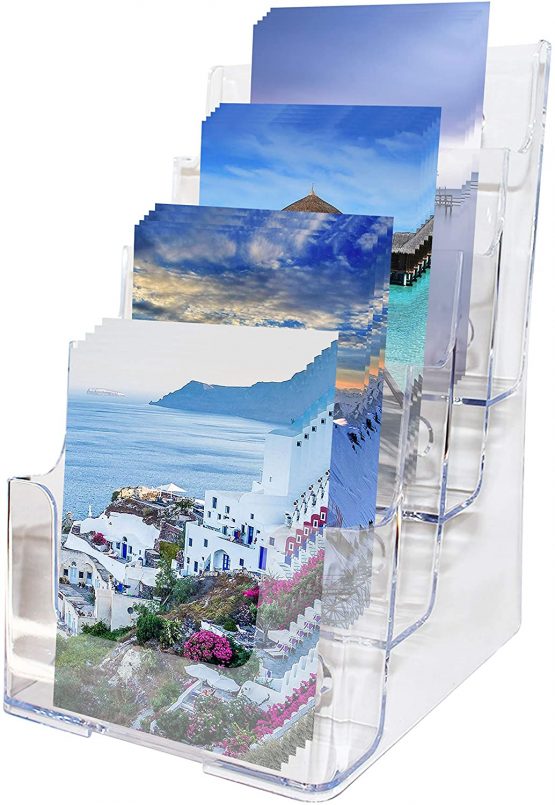 BELLE VOUS Multi-Tier Acrylic Literature Holder - 4 x A5 Pockets Clear Plastic Display Stand - Trifold Brochure Dispenser for Wall Mount or Desktop - Holds Leaflets, Flyers, Menus, and Pamphlets