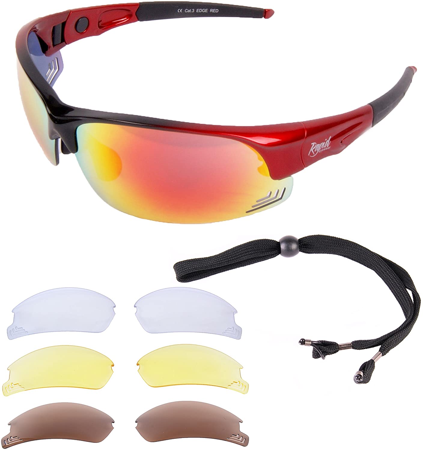 Rapid Eyewear Anti Fog Cycling & Running Sunglasses. Interchangeable Polarised & Low Light Lenses. Mens & Womens Sports Glasses. Adjustable Arms. Red