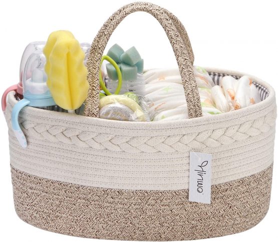 Hinwo Baby Diaper Caddy 3-Compartment Infant Nursery Tote Storage Bin Portable Car Organizer Newborn Shower Gift Basket Cotton Rope with Detachable Divider for Diapers & Wipes