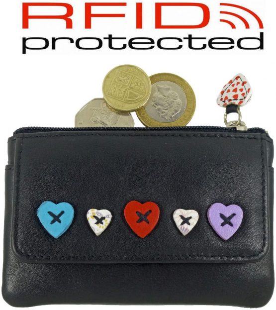 Ladies Small Leather RFID Blocking Coin, Key & Credit Card Purse with Heart Design (Black) - Image 2