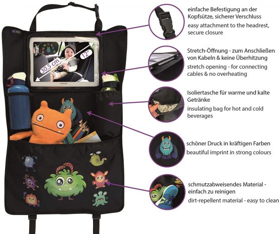HECKBO® car backseat organizer with adjustable tablet pocket for tablets up to 20 inches with touch foil - Monster + Unicorn print - universal fit - incl. thermo pocket + stretch net pocket - washable - Image 3