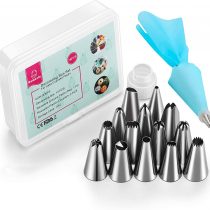 Hemesic Cake Icing Piping Bag and Nozzles Sets, 14 Stainless Steel Nozzle and Reusable Pastry Piping Bag Tips Kit DIY Cake Decorating Tool - 17 PCS