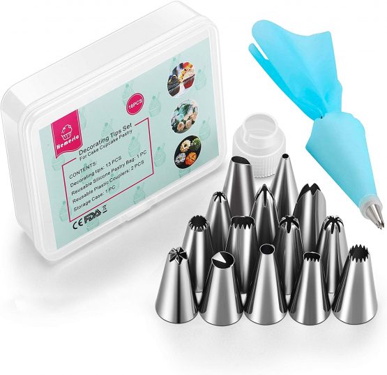Hemesic Cake Icing Piping Bag and Nozzles Sets, 14 Stainless Steel Nozzle and Reusable Pastry Piping Bag Tips Kit DIY Cake Decorating Tool - 17 PCS