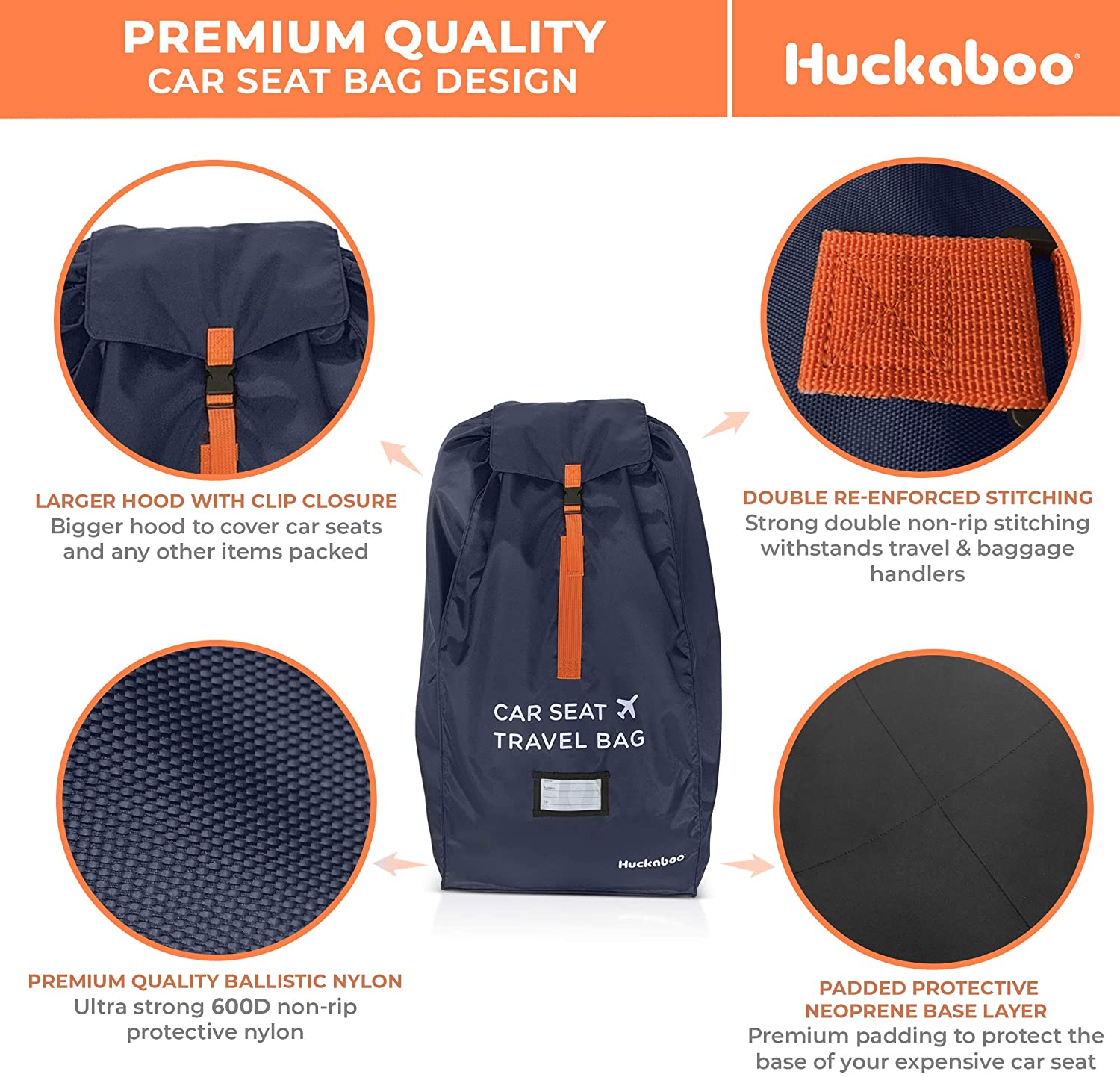 Huckaboo Car Seat Travel Bag - Strong Non Rip Nylon Car Seat Bag for Child Seats Navy, Navy Blue, 80x45x45 cm (Pack of 1) - Image 4