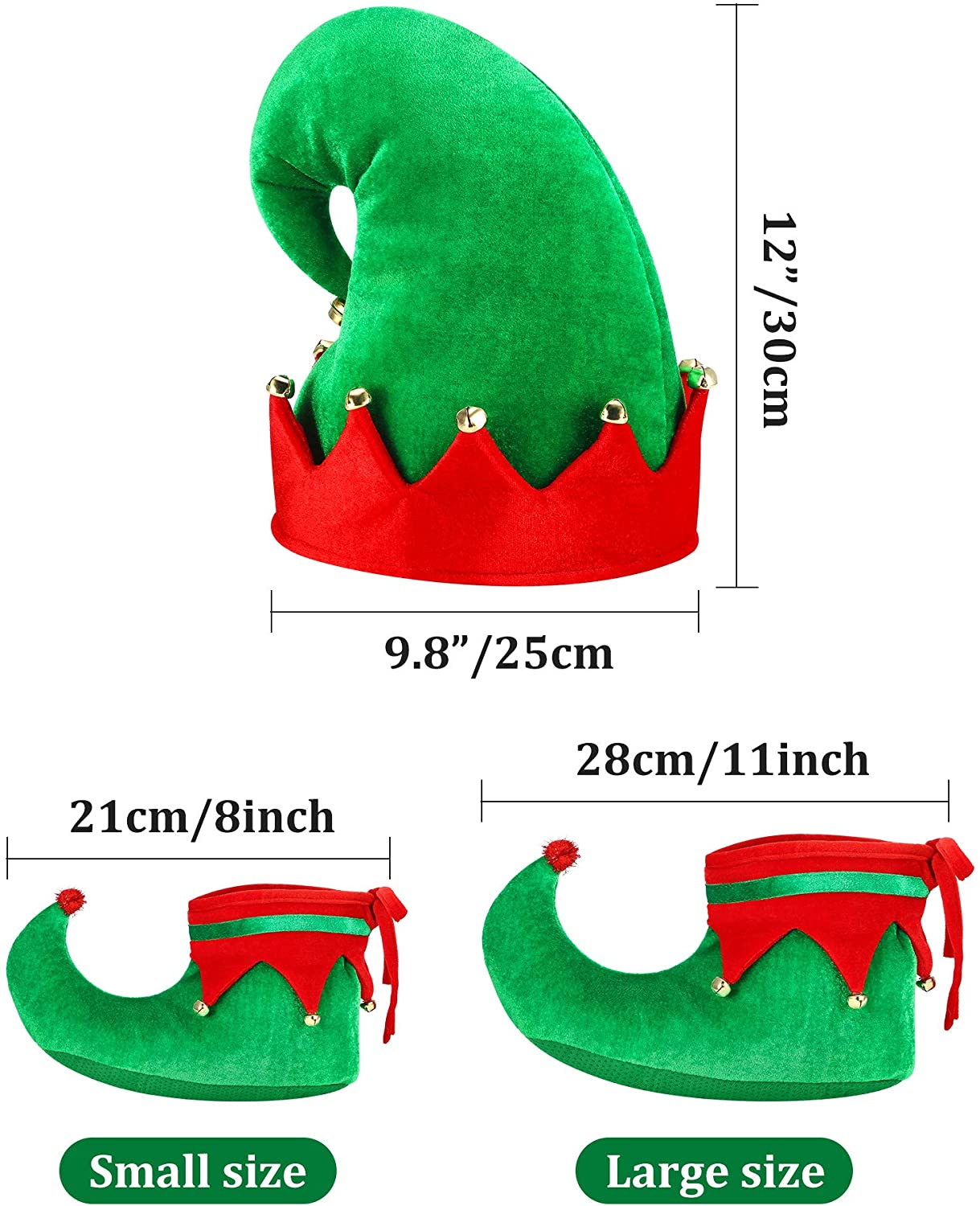 SATINIOR Christmas Santa Elf Shoes and Hat Christmas Red Green Costume Accessory Set (21 cm/ 8 Inch) - Image 2