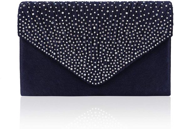 Evening Clutch Bag, Envelope Handbag Purse Shiny Women Lady Rhinestone Embellished and Pleated Satin Clutch Wallet, Shoulder Cross Body Bag for Bridal Wedding Party, Black - Image 3