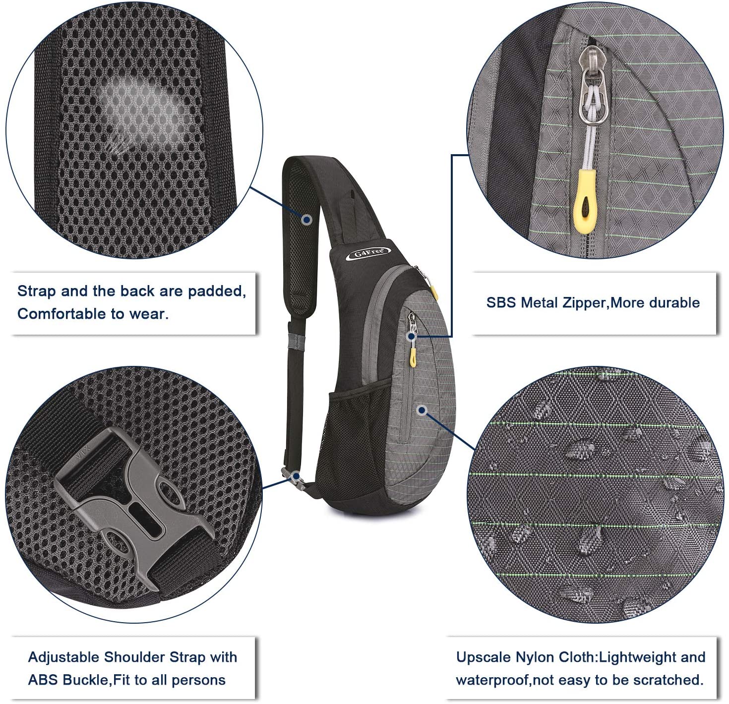G4Free Small Sling Bag Crossbody Chest Bag Shoulder Backpack Outdoor Anti Theft, Black and Grey - Image 4