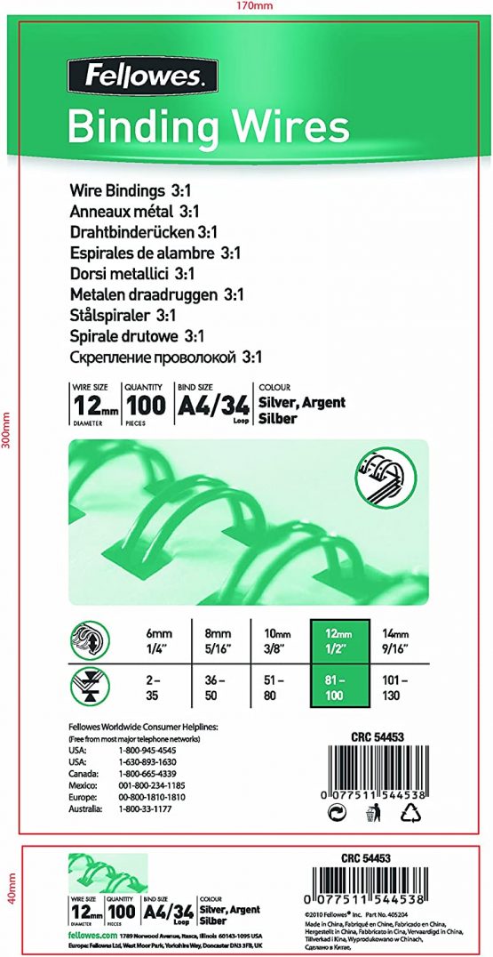 Fellowes 54453 Wire Binder Spine A4 12 mm Pack of 100 Silver - Image 2
