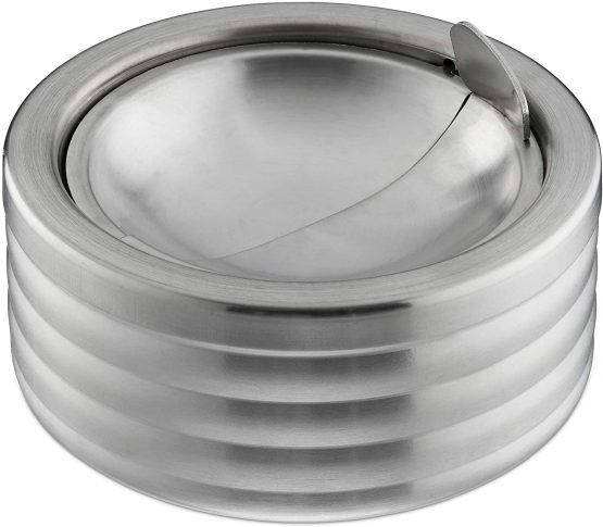 Relaxdays Ashtray Windproof, with Lid, in-& Outdoors, Brushed Stainless Steel, Round Ash Tray, H x D: 5.5 x 11.5 cm, Silver, One Size