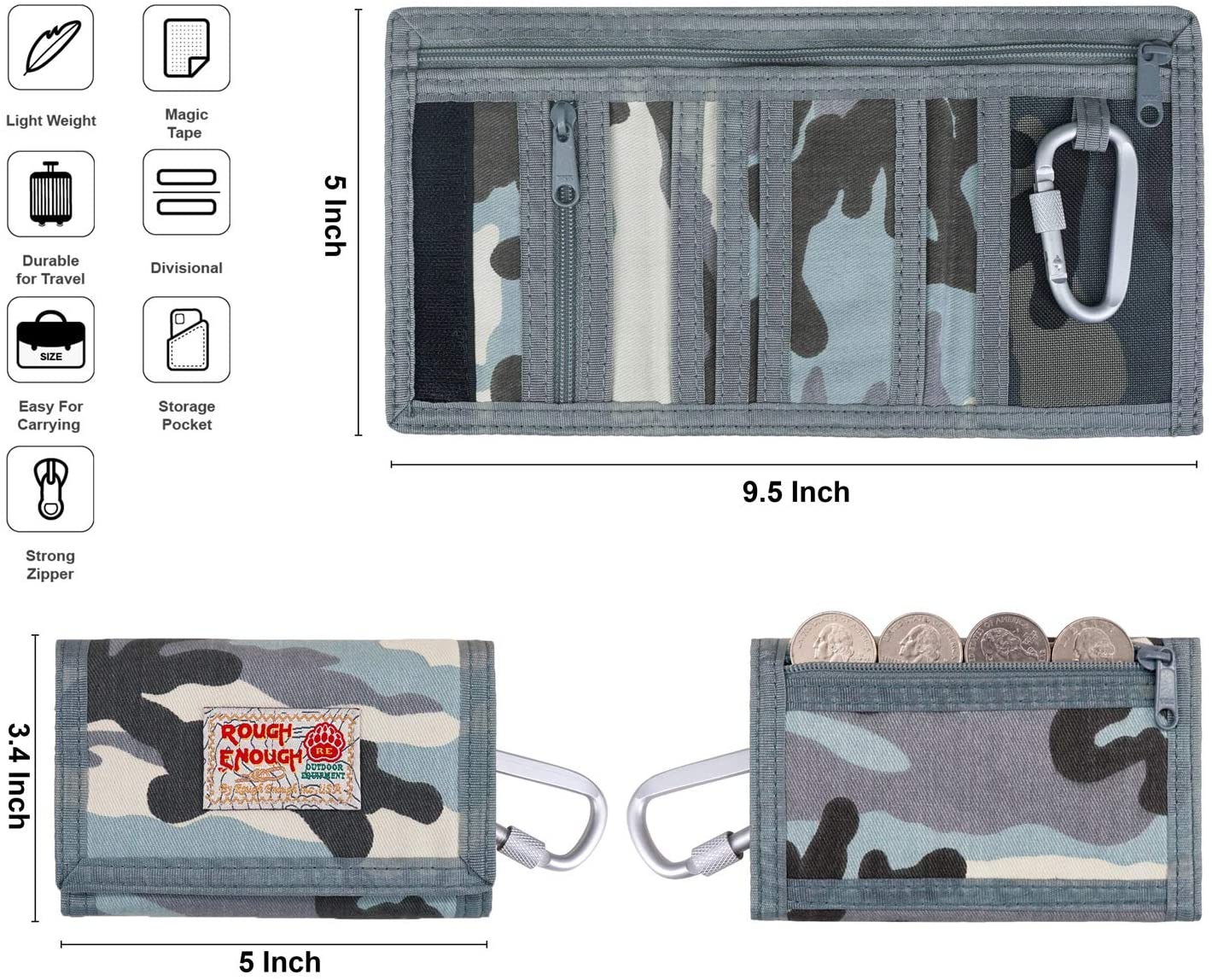 Rough Enough Mens Boys Kids Wallet for Teenage Boy Credit Card Wallet Coin Purse in Trifold Personalised Canvas Camo with Zip Coin Pocket - Image 3