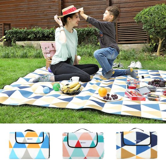 SONGMICS Picnic Blanket, 200 x 200 cm, Outdoor Beach Blanket for Camping, Park, Yard, with Waterproof Backing, Foldable, Yellow and Blue Triangle Pattern GCM76S - Image 2