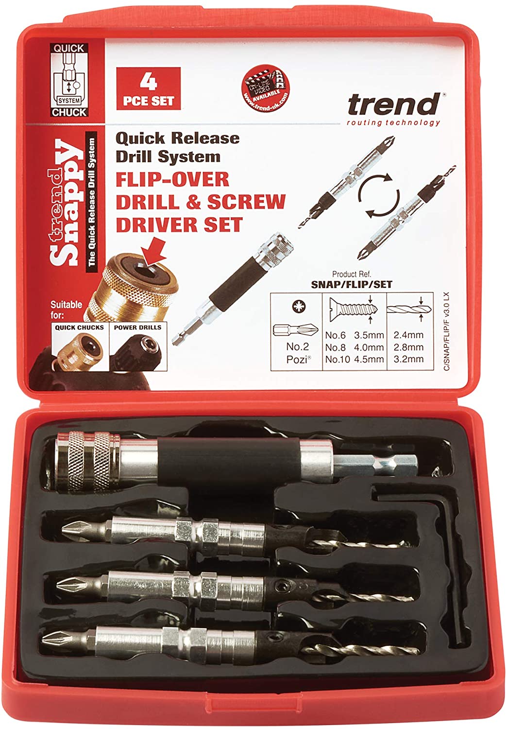 Trend Snappy 4-Piece Flip Over Driver Set, Quick Change & Efficient Piloted Countersinking, SNAP/FLIP/Set