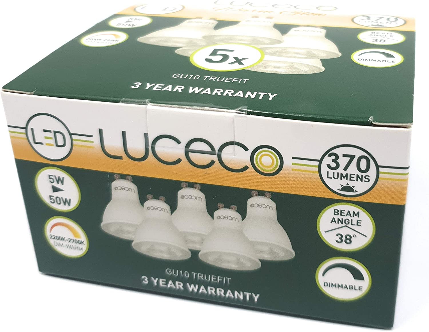 Dim2Warm GU10 LED Light Bulbs WarmGlow, Dimmable Spotlight Lightbulbs 5w - 50w Halogen Replacement 370Lm Warm White Lamps for Light Switches, LED Dimmers, Downlights, by luceco BG - Pack of 5 - Image 4