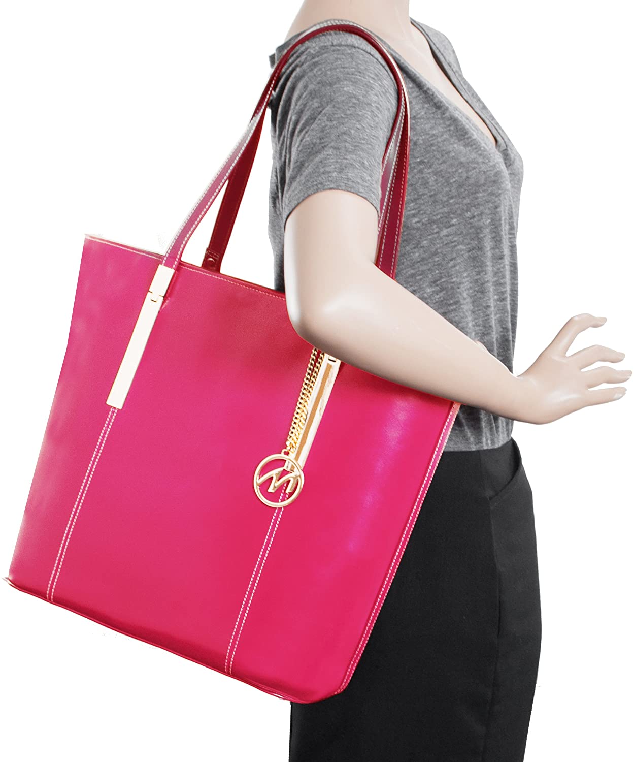 Leather Ladies' Tote with Tablet Pocket, Fuchsia, 13.50"x6"x14" - Image 4