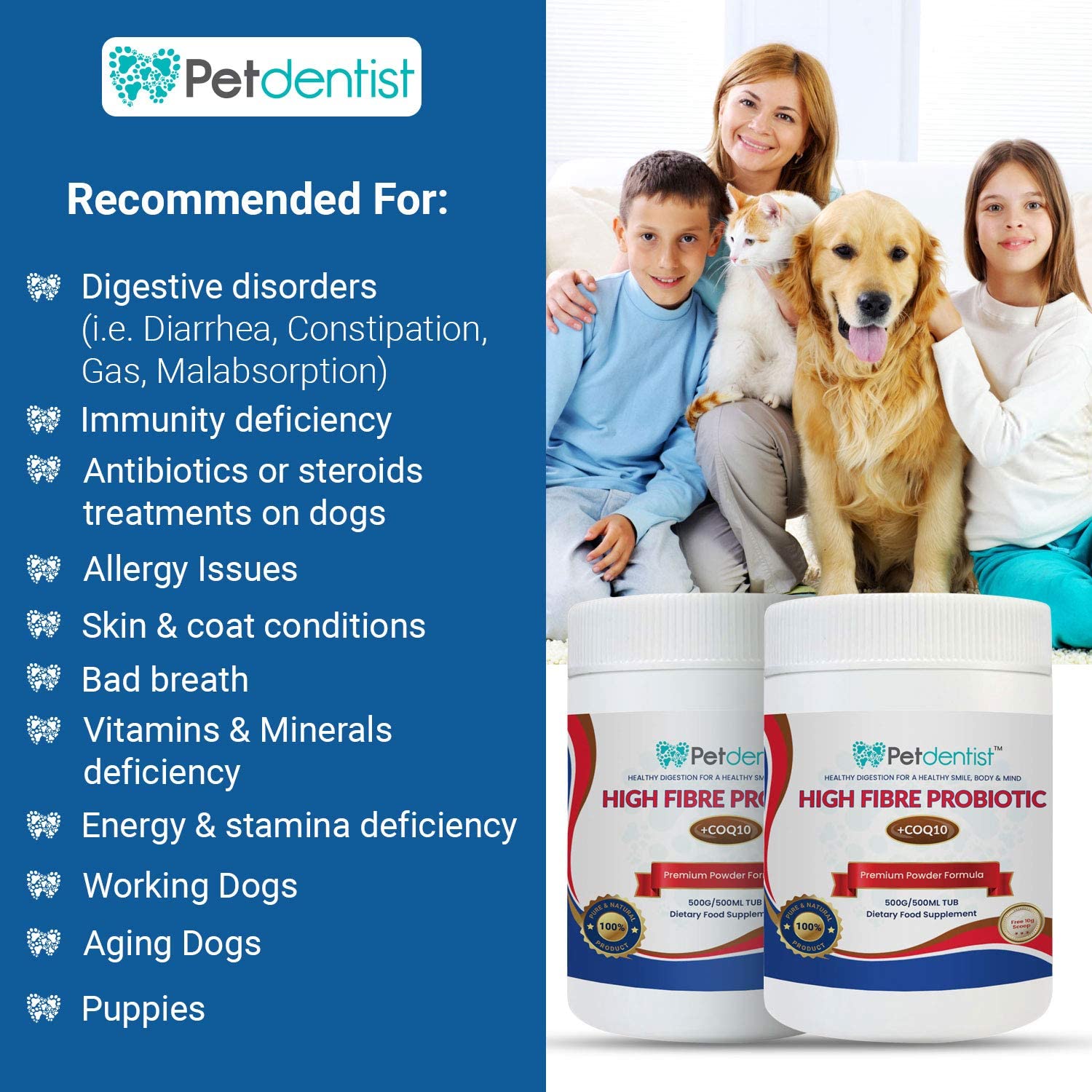 Petdentist High Fibre Probiotics for Dogs and Cats, Premium Fiber Powder Supplement for Dogs Anal Glands, Gut Health, CoQ10 - Image 3