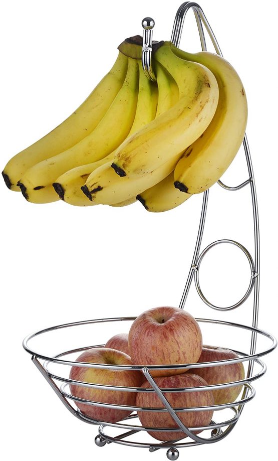 EXZACT Fruit Basket Fruit Bowl with Banana Hook 43cm Tall, Wired Fruit Rack/ Banna Stand Hanger - Silvery Chrome Finish