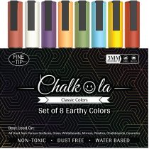 Fine Tip Chalkboard Chalk Pens - Pack of 8 Classic Earth Colors | Non Toxic Wet Erase Liquid Chalk Ink Markers | 3mm Reversible Bullet & Chisel Nib